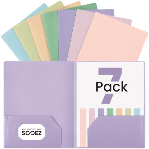 Sooez 7 Pack Folders with Pockets, 2 Pocket Folders with Extra Labels, Plastic Folder with Pockets, Heavy Duty File Folder Bulk, School Business Office Filing Supplies, Soft Colors - color: Soft Colors