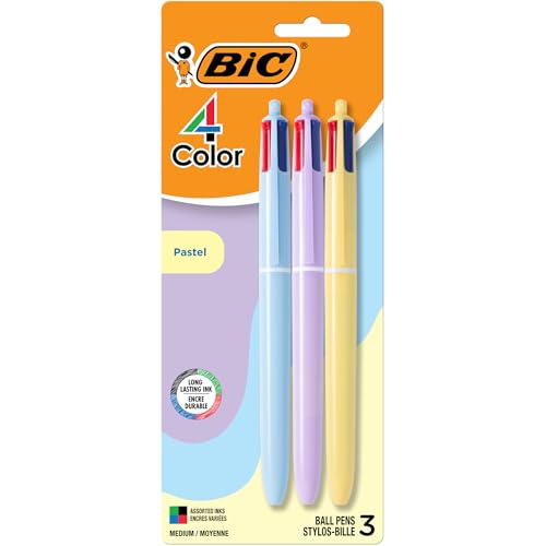 BIC 4 Color Pastel Ballpoint Pen with Soft-Touch Barrel and 1.0 mm Medium Point, 3-Count in Assorted Ink - color: Pastel Barrels, size: 1 Count (Pack of 3)