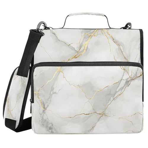 Gredecor 3 D-Ring Zipper Binder 1.5 in Waterproof Marble with Golden Binder with Zipper Shoulder Strap, Multi-Pockets Organizer Bag for School & Office Supplies, Storage 500 Sheets Capacity - color: Marble With Golden