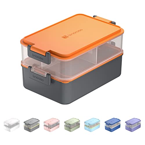 linoroso Stackable 2-Tier Adult Bento Box, 4 Compartments - Lava Orange | leakproof bento lunch box with fork & spoon + sauce cups, microwave/dishwasher safe, perfect for office, school & daily meals - color: Lava Orange