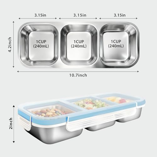 Stylish Blue Stainless Steel Lunch Box for Women - 3-Compartment Leak-Proof Snackle Box, Reusable Snack Containers with Lids for Kids & Adults, Stainless Steel Snack Containers & Storage Containers - color: 3 Compartments Blue