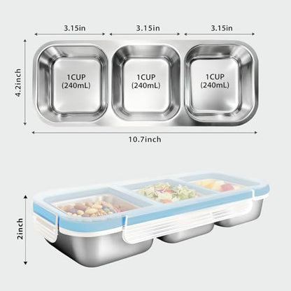 Stylish Blue Stainless Steel Lunch Box for Women - 3-Compartment Leak-Proof Snackle Box, Reusable Snack Containers with Lids for Kids & Adults, Stainless Steel Snack Containers & Storage Containers - color: 3 Compartments Blue