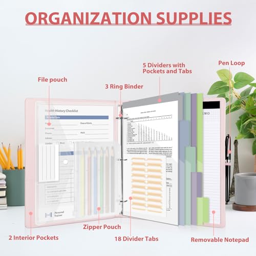 3 Ring Binder with Clipboard,1 Inch Binders with Notepad&5 Dividers with Pockets, Labels,PU Clipboards for School Office(Pink,Letter Size) - color: Pink, size: Letter Size - 1 Inch