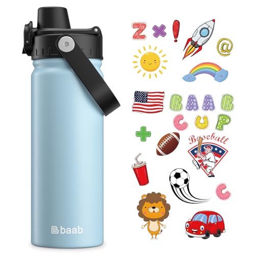 baab 18oz Kids Water Bottle, Insulated Kids Water Bottle with Lockable Spout Lid & Stickers, 18/8 Stainless Steel Vacuum Leakproof Kid Water Cup with Handle for Boy Girl & School (Light Blue, 1 Pack) - color: Light Blue, size: 18 Ounces