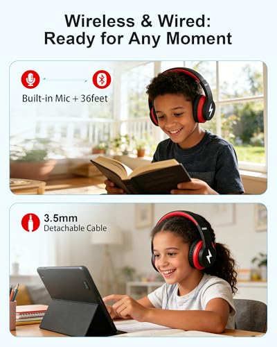 seenda Kids Bluetooth Headphones, JCH-01 Kids Wireless Headphones for School, 85/94dB Volume Limited, 45H Playtime, 3 Lighting Modes, Built-in Mic Headset,Black&Red - color: Black&Red