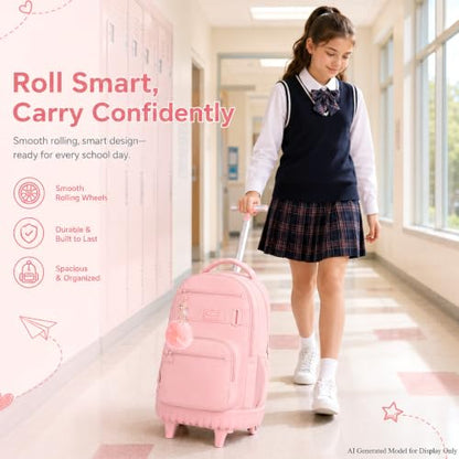 3Pcs Rolling Backpack for Girls Women, 19 Inche School Roller Backpacks with Wheels, Adults Wheeled Bookbag with Lunch Box(Pink) - color: Classic Pink
