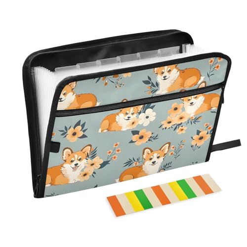 Expanding File Folder Corgi Flower Cute Accordion File Organizer 13 Pockets Document Organizer with Zipper Labels A4 Letter Office Storage - color: Multi17