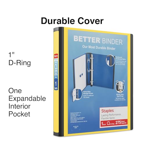 Staples Better View 1-Inch D-Ring Binder, Yellow – Durable 3-Ring Binder with Clear Overlay for School & Office - color: Yellow, size: 1-Inch, style: 1 Pack