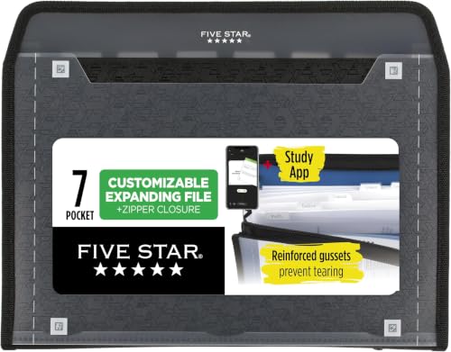 Five Star Expanding File Organizer + Study App, 7-Pocket Accordian File Organizer, Zipper Closure, Holds 8-1/2" x 11" Paper, Black (72709) (Pack of 6) - color: Black, size: Pack of 6