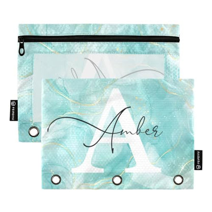 Personalized Pencil Pouch for 3 Ring Binder Cyan Teal Liquid Marble Custom Pencil Pouches Case Binder Cosmetic Bag 2 Pack for Office School College Supplies - color: Cyan Teal