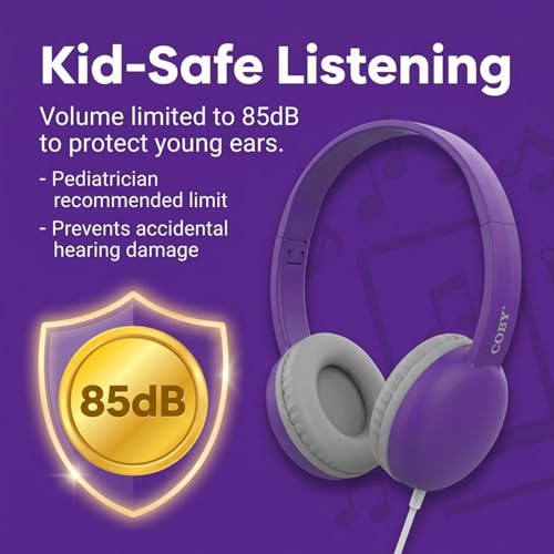 Coby Wired Kids’ Headphones, Over-Ear Headphones with 3.5-Millimeter Jack and Soft Cushions for School, Learning, and Travel, 85 dB Volume Limit, Built-in Microphone, Adjustable Headband, Pink - color: Purple