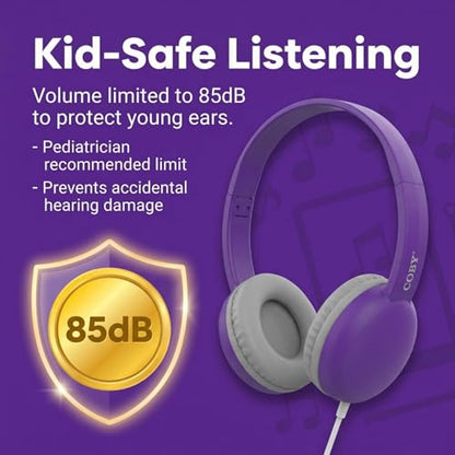 Coby Wired Kids’ Headphones, Over-Ear Headphones with 3.5-Millimeter Jack and Soft Cushions for School, Learning, and Travel, 85 dB Volume Limit, Built-in Microphone, Adjustable Headband, Pink - color: Purple