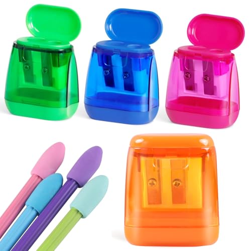 Pencil Sharpener Set (8 Pcs) – 4 Dual Hole Manual Sharpeners + 4 Pencil Top Erasers, Portable Pencil Sharpeners for Kids, Students & Teens, Colored & Jumbo Pencils, School & Classroom