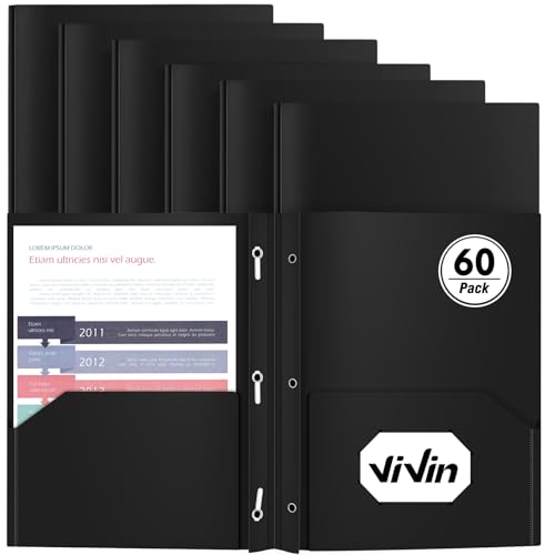 Heavy Duty Plastic Folder, 60 Pack, Pocket Folder with brads, Letter Size Poly File, Plastic Folders with 3 Prongs Fasteners - Black - color: Black, size: 60 PACK