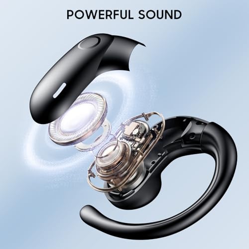 kurdene Open-Ear Headphones, Digital Display Wireless Earbuds with Ear Hooks, Ultra-Comfort, Snug Fit, Powerful Sound, Clear Calls, 42H Playtime, Bluetooth 5.4 for Office, Outdoor Use-Black