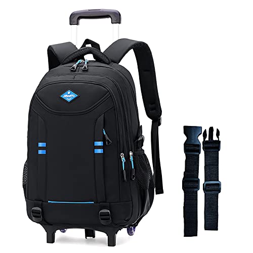 Rolling Backpack for Boys Elementary School Bag with Wheels Travel Trolley Bag 2 wheels and 6 wheels - color: Black/Blue 2 Wheels, size: 2 wheels