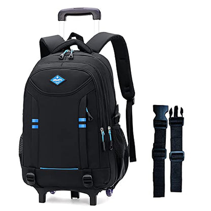 Rolling Backpack for Boys Elementary School Bag with Wheels Travel Trolley Bag 2 wheels and 6 wheels - color: Black/Blue 2 Wheels, size: 2 wheels