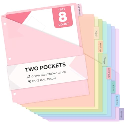 SKYDUE Binder Dividers with Pockets, 8 Tab Dividers for 3 Ring Binder, Letter Size Plastic Pocket Dividers with Writable Labels, Binder Organizer for School, Office, Home - color: Pink, size: 1 SET