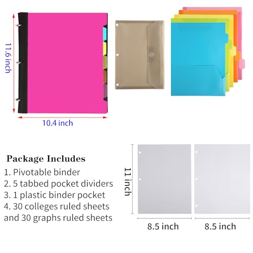 Pivotable Refillable Notebook, 3 Ring Binder Notebooks 1 Inch, Notebook with Dividers and Pockets, Folder Notebook, Flexible Binder, Soft Binders 3 Ring, Foldable Binder- Pink - color: 1 Pcs Pink