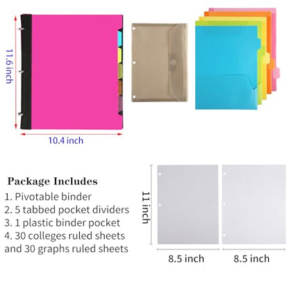 Pivotable Refillable Notebook, 3 Ring Binder Notebooks 1 Inch, Notebook with Dividers and Pockets, Folder Notebook, Flexible Binder, Soft Binders 3 Ring, Foldable Binder- Pink - color: 1 Pcs Pink