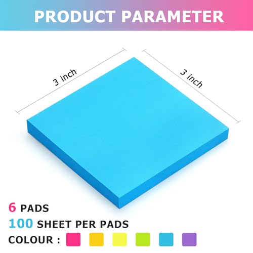 Osboo Sticky Notes 3x3 Pop Up Self-Stick Notes Pads with 6 Bright Colors, Easy to Post for Office, School, Home, 6 Pads/Pack, 100 Sheets/Pad(Pop Up) - color: Pink, Yellow, Green, Blue
