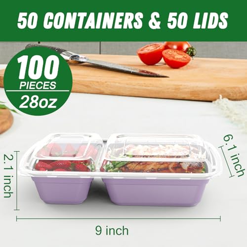 Dealusy 50 Pack (100-Piece) 28 oz Meal Prep Containers Reusable with Lids 2-Compartment, Sturdy Leakproof Food Safe, Microwave Freezer Dishwasher Safe, To Go Take Out Plastic Food Storage, Lilac - color: Lilac