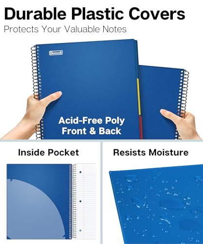 Dunwell 3-Subject Spiral Notebook College Ruled 8.5x11 (Blue), 150 Sheets (300 Pages), Tabs, Colorful Movable Divider Pockets Fit 8.5 x 11 Content, Front/Back Plastic Covers, 3-Hole Perforated Pages - color: Blue