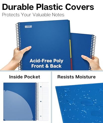 Dunwell 3-Subject Spiral Notebook College Ruled 8.5x11 (Blue), 150 Sheets (300 Pages), Tabs, Colorful Movable Divider Pockets Fit 8.5 x 11 Content, Front/Back Plastic Covers, 3-Hole Perforated Pages - color: Blue
