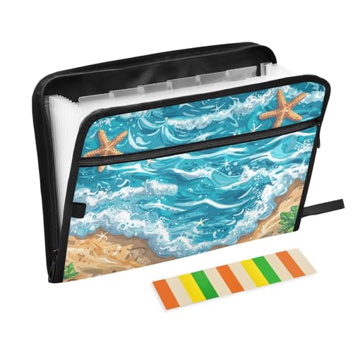 Ocean Sea Coast File Folders,Plastic Folders with 13 Pockets,Expandable File Folder for Documents School Students Office,Aesthetic Folder with Labels A4 Letter Size - color: Multicolor 24