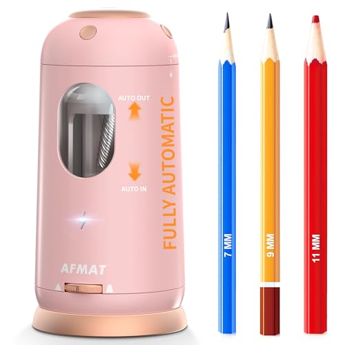 AFMAT Electric Pencil Sharpener, Auto in & Out, Fully Automatic Pencil Sharpener, Rechargeable Hands-Free Sharpeners for Jumbo & Colored Pencils (7-11.5mm), Good for Classroom/Home PSC8(Light Pink) - color: Light Pink