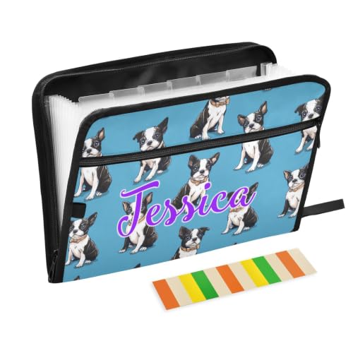 Kcldeci Custom Expanding File Folder with 13 Pockets,Boston Terrier on Blue Personalized Accordion Document Organizer with Labels, A4 Letter Size Portable Paper Storage for Office School Home Travel - color: Boston Terrier on Blue