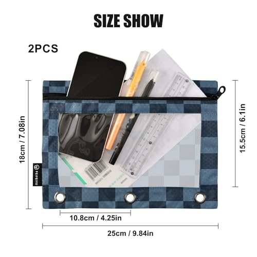 Steelblue Buffalo Plaid Binder Pouches 3 Ring for Boys Girls School Office College Supplies Blue Chessboard Darkblue Turquoise Aqua Pencil Pouches Case Bag with Clear Window and Zipper 2 Pack - color: Steelblue