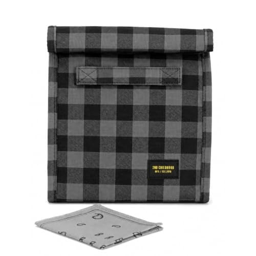 2nd Childhood Insulated Lunch Bag for Men, Durable & Reusable, Plaid Grey | Slim lunch bag with carry handle, two mesh side pockets and a back slip pocket; insulated liner keeps food cool - color: Buffalo Grey