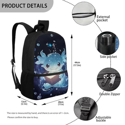Blue Axolotl 5 Piece Kids School Backpack Set with Lunch Bag Pencil Case and Water Bottle Carrier Large Capacity Bookbag for Elementary and Middle School - color: Blue Axolotl-a