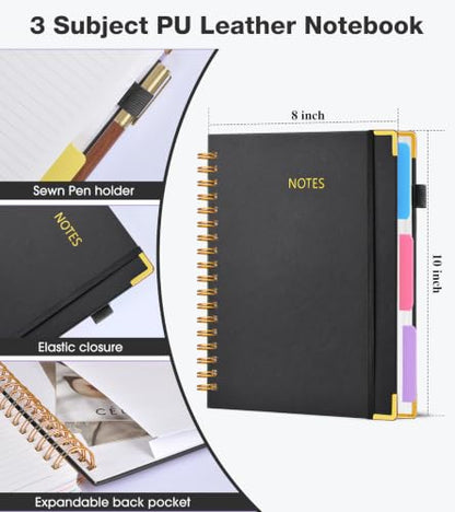 JASLEKO 3 Subject Notebook College Ruled with Dividers Tabs, 100 GSM Leather Hardcover Spiral Notebooks for School Work, 240 Pages Large Cute Notebook Journal for Women Men, College Students,Black - color: Black
