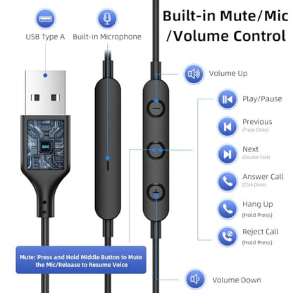 USB Headphones 7.5FT Long Cord Computer Headset Wired Earbuds Lightweight In-Ear Noise Isolation Hifi USB A Earphone with Mic Mute Volume Control for Chromebook PC Laptop Destop for Dell School Office