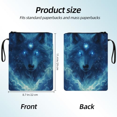 Padded Book Sleeve with Zipper & Front Pocket, Fabric Book Cover | Mystic Blue Wolf Glowing11.4"x8.7" Washable Canvas Pouch for Hardcovers, Tablets & Reading Accessories - color: Mystic Blue Wolf Glowing