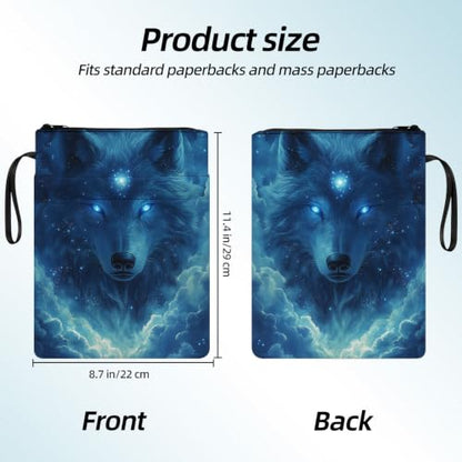 Padded Book Sleeve with Zipper & Front Pocket, Fabric Book Cover | Mystic Blue Wolf Glowing11.4"x8.7" Washable Canvas Pouch for Hardcovers, Tablets & Reading Accessories - color: Mystic Blue Wolf Glowing
