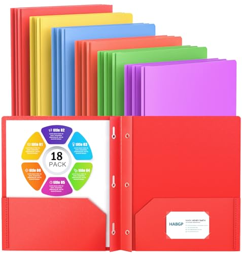 HABGP 18 Folders with Pockets and Prongs, 2 Pocket 3 Prong Folders with Business Card Holder, Plastic Heavy Duty File Folders for Documents Business Office School Supplies, 18 Pack 6 Bright Colors - size: 3 set (18 pcs)