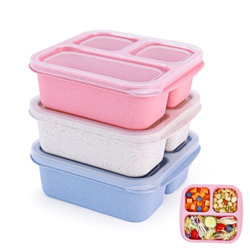 Rinwoc Bento Box [Portion Size], 3 Pack Snack Containers with 3 Compartments for Meal Prep & On-the-Go [School, Travel], Lunchable Container Reusable and BPA-Free - size: Small
