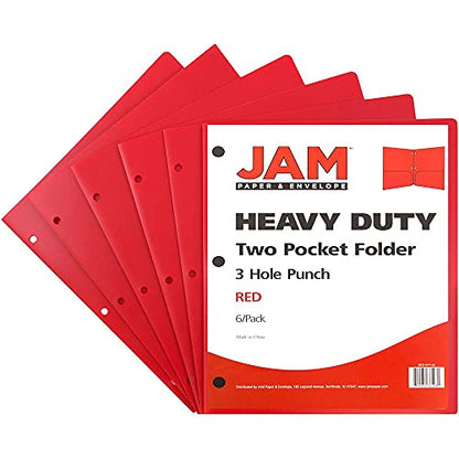 JAM PAPER Heavy Duty Plastic 3 Hole Punch Pocket Folders - Extra Tough School Folders - Red - 6/Pack - color: Red, size: 6 Per Pack