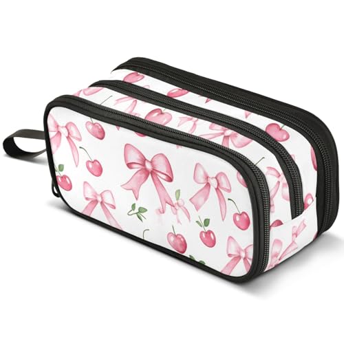 ALAZA Pink Bow Cherry Leaf Pattern Large Pencil Case, Pen Pouch Pencil Bag with 3 Compartments Pen Holder Organizer Stationery Bag - color: Bow Cherry