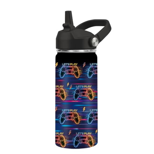 Kids Water Bottle Insulated - Neon Gamer Water Bottle for Kids, 16oz Stainless Steel Insulated Water Bottles with Straw Lid, Leakproof BPA-Free Gamer Water Bottles for Home Travel Sports - color: Neon Game#black, size: 16 Ounces