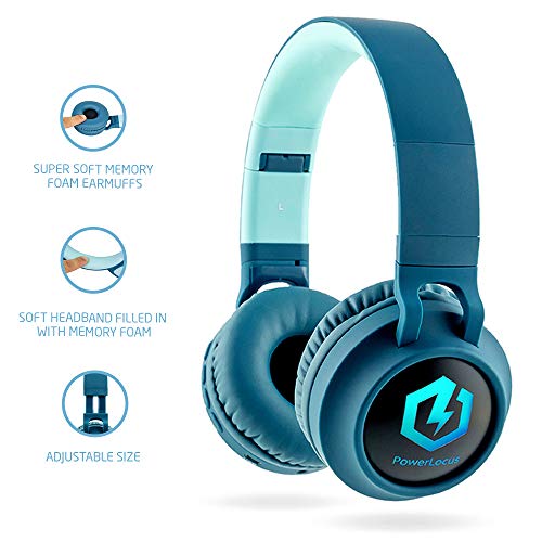PowerLocus Kids Headphones Wireless, Bluetooth Headphones for Kids Over Ear, LED Lights, 85dB Safe Volume Limit, Foldable, Micro SD Mode, Built-in and Line-in Microphone for Phones,Tablets,Laptop - color: Non-Ears Blue