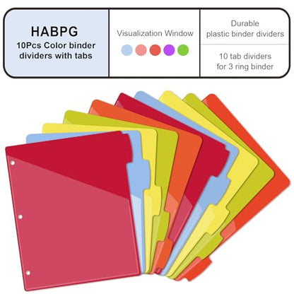 HABGP 10PCS/2 Set 3 Ring Binder Dividers with Tabs, Dividers with Clear Front Pockets for 3 Ring Binder Color Pages, 5 Tab Folder Dividers,Three Rings File Divider with Tabs,Tabbed Index Divider