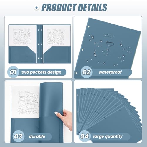 Yeaqee 50 Pcs Plastic Folders with Pockets Bulk 3 Hole Punched 2 Pocket File Folders for 3 Ring Binder Divider Folder for Notebooks, Durable Poly for Office Home (Blue Gray) - color: Blue Gray