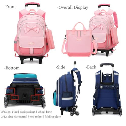 MITOWERMI Rolling Backpack for Girls 3Pcs Elementary School Bag Cute Bowknot Backpack with Wheels Girls Bookbags with Handbag Trolley Bags Kids Carry-On Luggage - color: Style c-3Pcs Dark Blue-2 Wheels, style: 2 Wheels Trolley + Backpack Sets