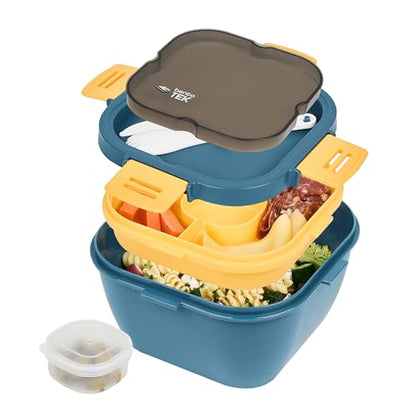 Restaurantware-Bento Tek 57.5 Ounce Bento Box, 1 Reusable Lunch Container - With Fork And Knife, Does Not Contain BPA, Blue And Yellow Plastic Reusable Lunch Box, Microwavable, Dishwashable - size: 1 Count, style: 58 oz - Blue