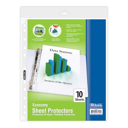 BAZIC Sheet Protectors Economy, Fit 8.5x11 Inch Paper, 11 Hole Clear Plastic Sleeves Ring Binder Sheets, Archival Safe (10/Pack), 1-Pack | letter size, economy weight top-loading sheet protectors, acid-free poly, Fit 3-ring binders, Clear front and back,