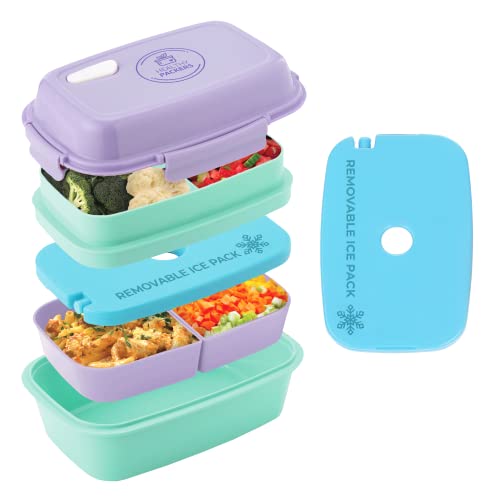 Ultimate Bento Box - Lunch Box for Kids & Adults with Removable Ice Pack - Leakproof, Multi-Compartment Food Container with Removable Containers - Microwave & Dishwasher Safe(Purple, Green, Purple) - color: Purple, Green, Purple